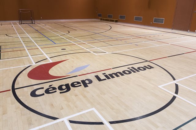 Gymnase au campus de Québec, emphase sur le logo du Cégep Limoilou