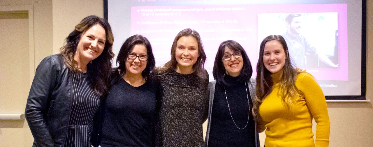 Valérie Huppé, conseillère en entrepreneuriat; Isabelle Tétreault, AEC Conception et dessin assistés par ordinateur; Julie Lavoie, étudiante en technique diététique; Anne Fortin, enseignante en Techniques de diététique; Katrine Lavallée, étudiante en Techniques de diététique.