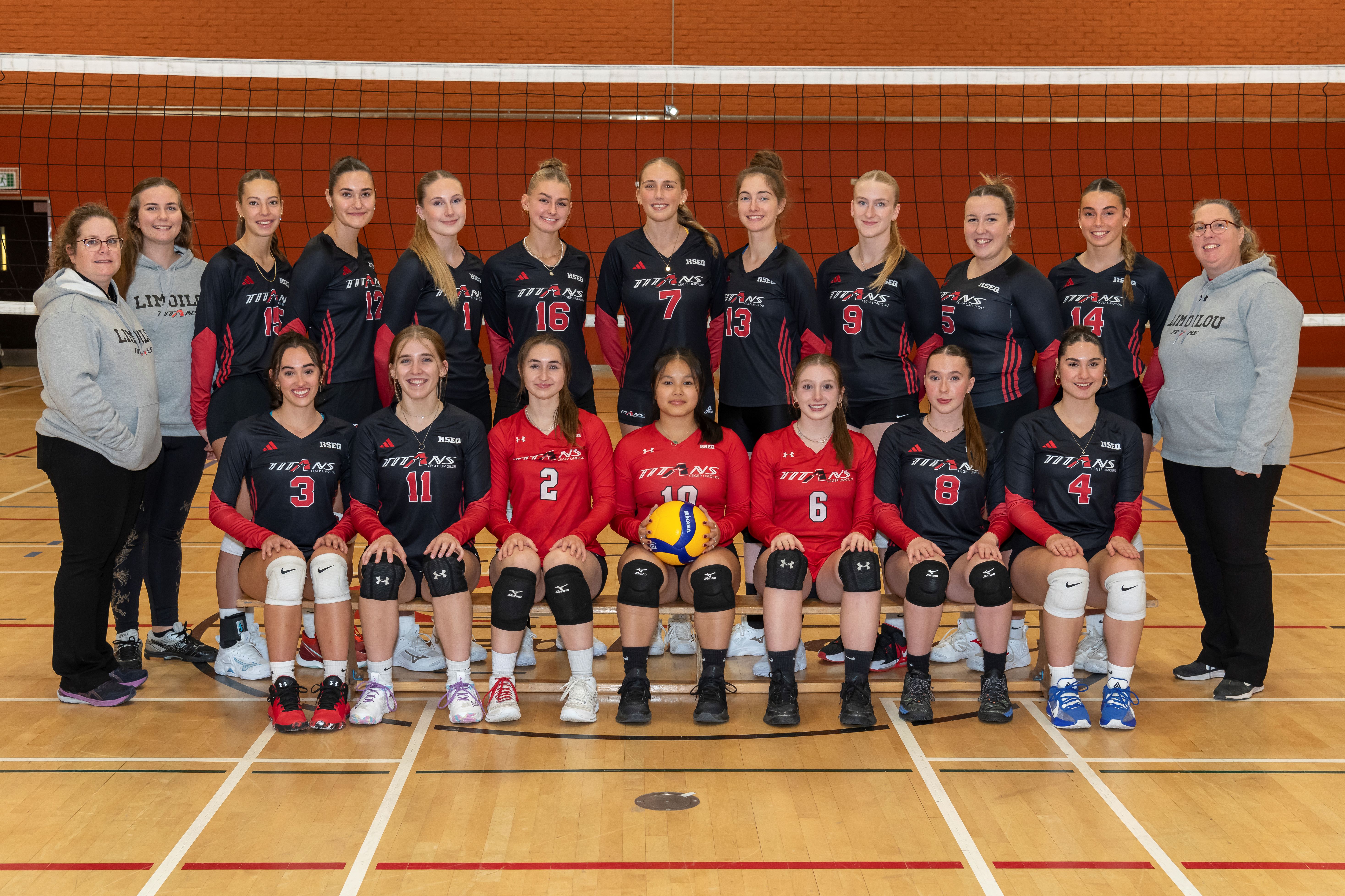 Dans le gymnase, les joueuses sont placés dos au filet de volleyball. La première rangée est assise sur un banc et la deuxième est debout. Elles sourient à la caméra.